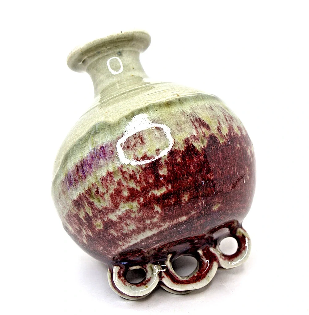 Unique Ceramic Art Pottery Vase Tilted 3 Ring Stand Handmade Red Beige Green
